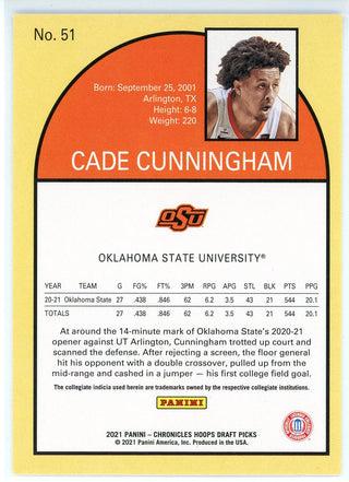 Cade Cunningham 2021-22 Panini Chronicles Hoops Draft Picks Rookie Card #51