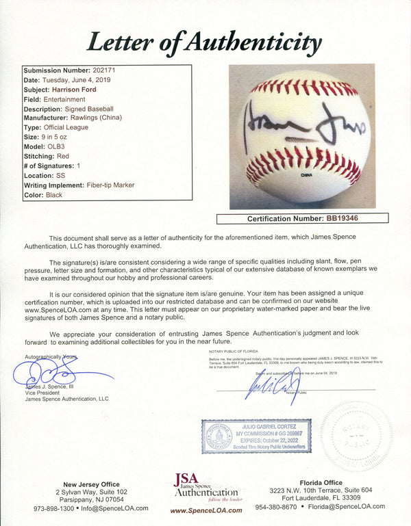 Harrison Ford Signed Official League Baseball (JSA) COA