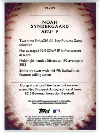 Noah Syndergaard Autographed 2015 Bowman Inception Card #PA-NS