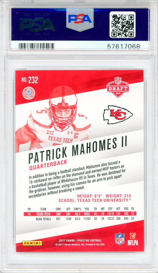 Patrick Mahomes II 2017 Panini Prestige Rookie Card #232 (PSA Mint 9)