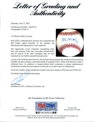 Bill Dickey Autographed American League Baseball (PSA Auto Grade 9)