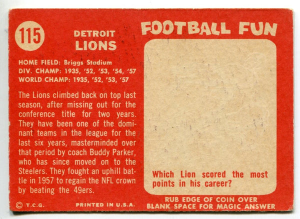 Detroit Lions 1958 Topps Football Card #115