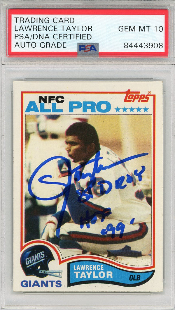 Lawrence Taylor "81 DROY HOF 99" Autographed 1982 Topps Rookie Card (PSA)