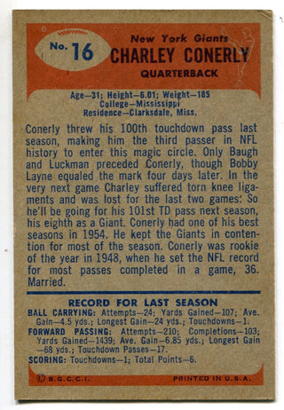 Charley Conerly 1955 Bowman Football Card #16