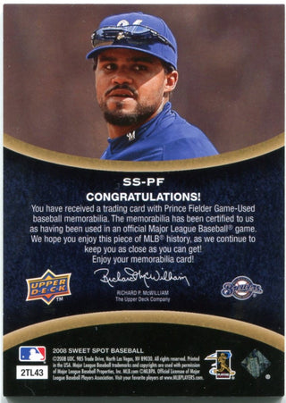 Prince Fielder player worn jersey patch baseball card (Milwaukee Brewers)  2009 Upper Deck Franchise History #FHPF LE 76/180