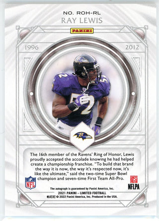 Ray Lewis Autographed 2021 Panini Limited Ring of Honor Card #ROH-RL