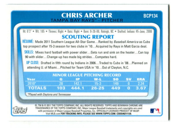 Chris Archer 2011 Bowman Chrome Rookie Card