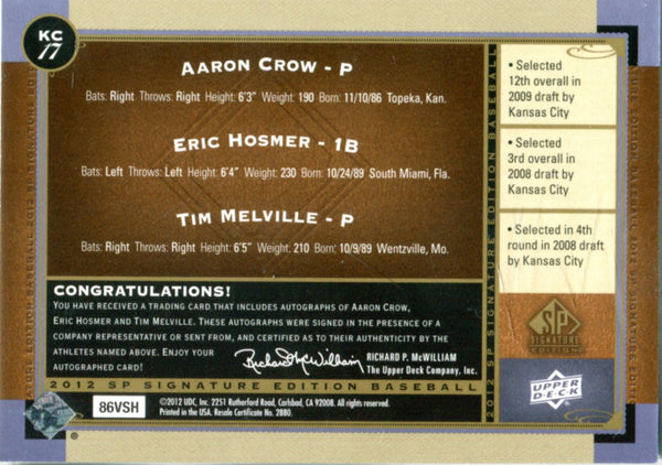 Aaron Crow, Eric Hosmer, and Tim Melville 2012 Upper Deck Autographed Card