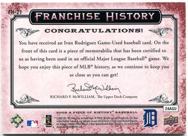 Ivan Rodriguez Upper Deck Franchise History Jersey Card