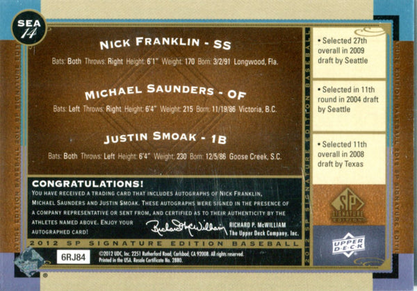 Nick Franklin, Michael Saunders, and Justin Smoak 2012 Upper Deck Autographed Card
