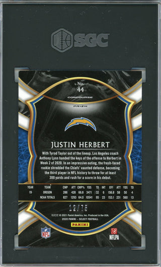 Justin Herbert 2020 Panini Select Concourse Purple Prizm Rookie Card #44 (SGC 9.5)