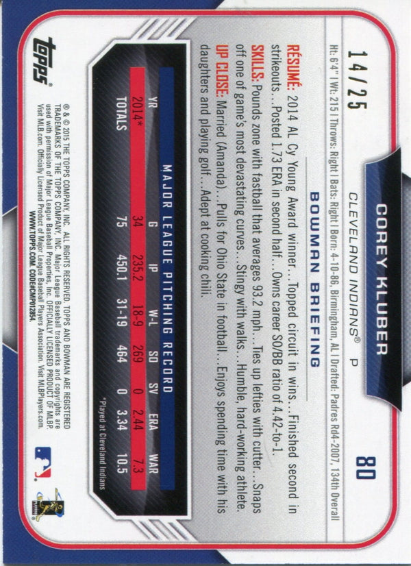 Corey Kluber 2015 Bowman Orange Parallel Card 14/25
