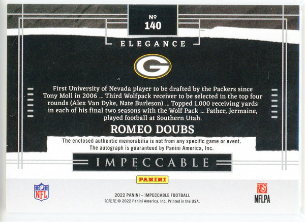 Romeo Doubs Autographed 2022 Panini Impeccable Elegance Rookie Helmet & Patch Card #140