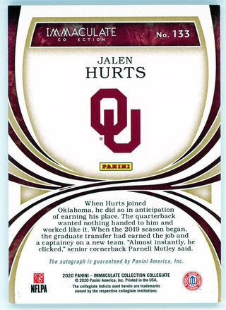 Jalen Hurts Autographed 2020 Panini Immaculate Collection Collegiate Rookie Card #133