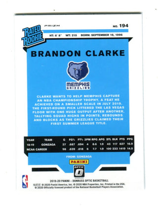 Brandon Clarke 2019-20 Donruss Optic Silver Rated Rookie Card #194