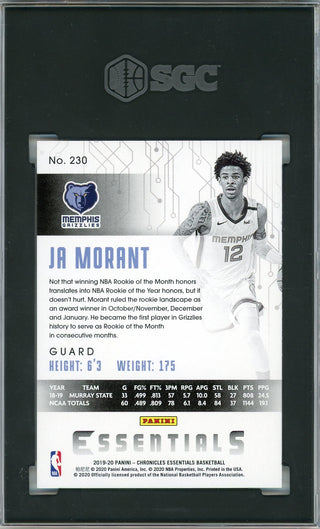 Ja Morant 2019-20 Panini Chronicles Essentials Rookie Card #230 (SGC 10)