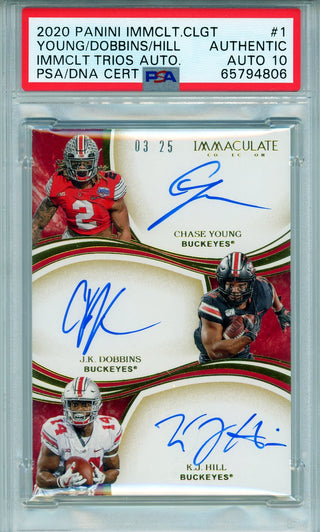 Chase Young, KJ Hill & JK Dobbins Autographed 2020 Panini Immaculate Collegiate Trios Card #1 (PSA Auto 10)