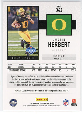 Justin Herbert 2020 Panini Score Rookie Card #362