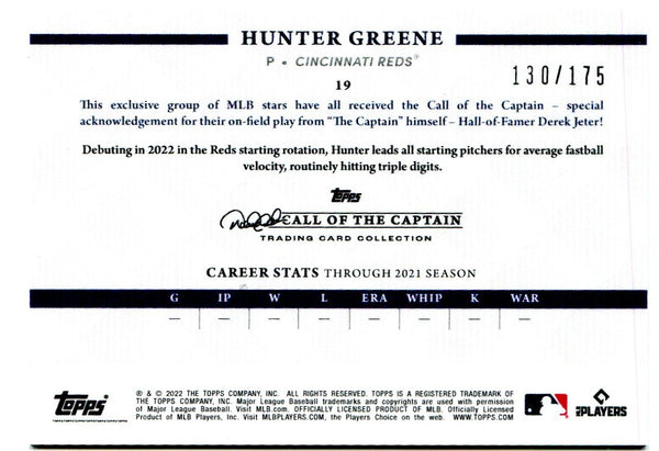 Hunter Greene Topps Call of the Captain Derek Jeter Collection Rookie Card 130/175 #19 2022