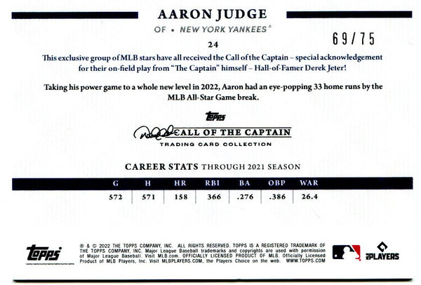 Aaron Judge Yankees 2022 Topps Call of the Captain Authentic Jersey Swatch  45/99