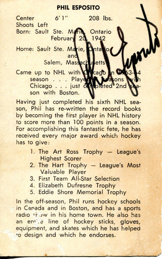 Phil Esposito Autographed 3x5 Card (JSA)