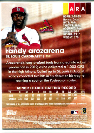 Randy Arozarena Autographed 2020 Topps Stadium Club Rookie Card