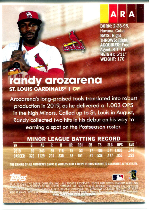Randy Arozarena Autographed 2020 Topps Stadium Club Rookie Card