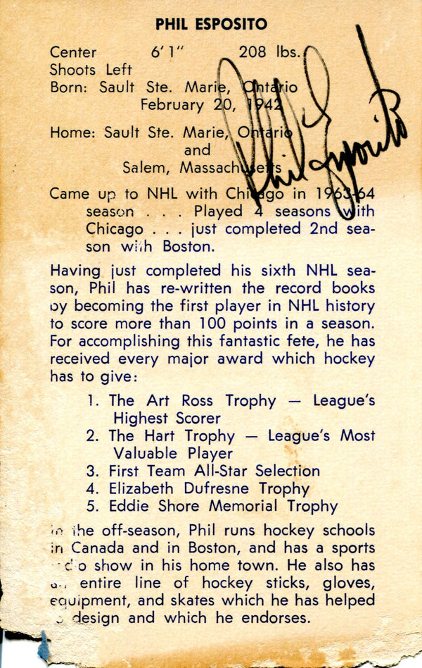 Phil Esposito Autographed Boston Bruins 3x5 Card (JSA)