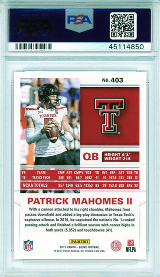 Patrick Mahomes 2017 Panini Score Rookie Card #403 (PSA GM MT 10)