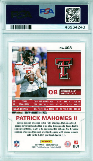 Patrick Mahomes 2017 Panini Score Rookie Card #403 (PSA GM MT 10)