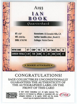 Ian Book Autographed 2021 Sage Premier Draft Rookie Card #AI93