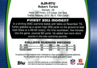 Robert Turbin 2012 Topps Finest Game Worn/Autographed Rookie Card #49/1368