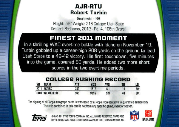 Robert Turbin 2012 Topps Finest Game Worn/Autographed Rookie Card #49/1368