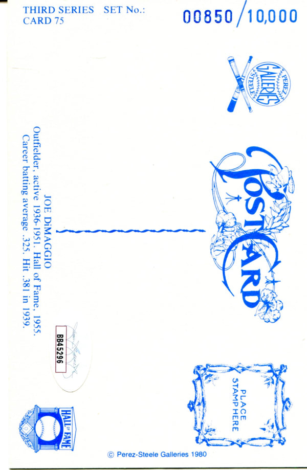 Joe DiMaggio Autographed Perez Steele Galleries Post Card (JSA)