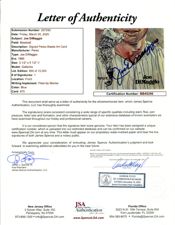 Joe DiMaggio Autographed Perez Steele Galleries Post Card (JSA)