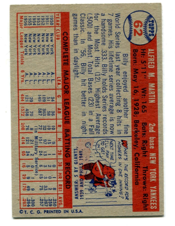 Billy Martin 1957 Topps #62 Card