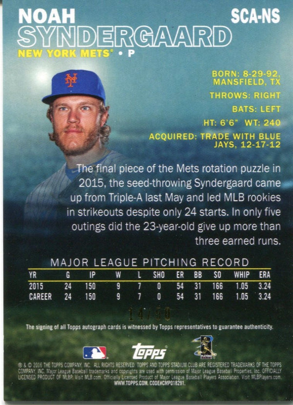 Noah Syndergaard Autographed 2016 Topps Stadium Club Card