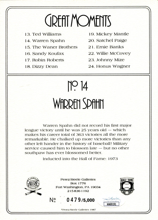 Warren Spahn Autographed Perez Steele Greatest Moments Card (JSA)