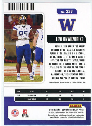 Levi Onwuzurike Autographed 2021 Panini Contenders Draft Pick Rookie Card #229