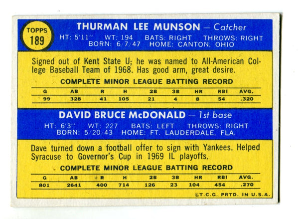 1970 Topps #189 Yankees Rookies Thurman Munson / Dave McDonald