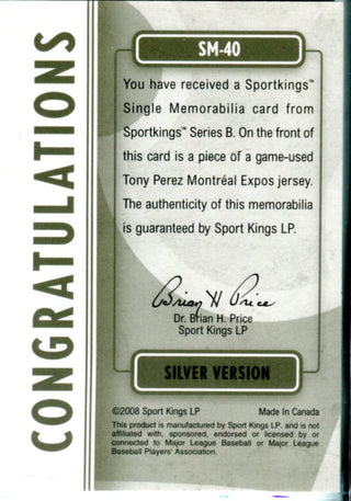 Tony Perez 2008 Sportkings Game Used Jersey Card