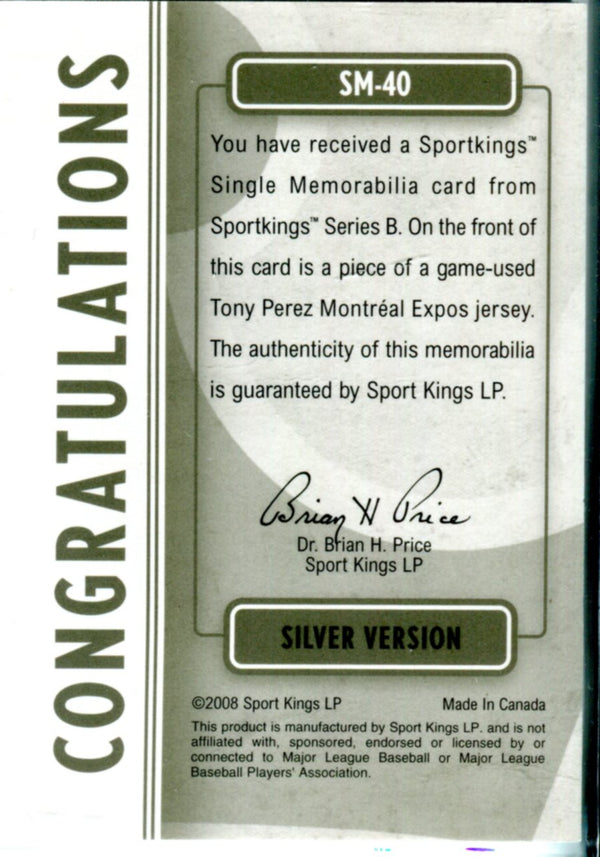 Tony Perez 2008 Sportkings Game Used Jersey Card