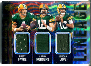 Brett Favre, Aaron Rodgers & Jordan Love 2020 Panini Illusions Lineage Jersey Card