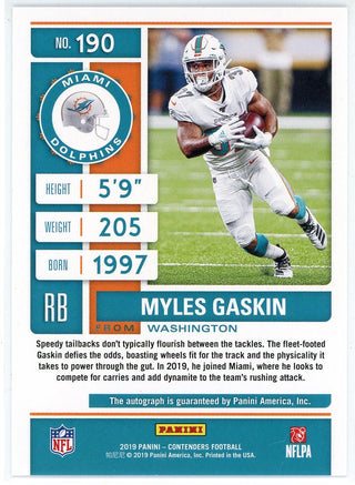 Myles Gaskin Autographed 2019 Panini Contenders Rookie Card #190