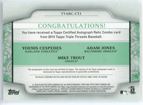 Mike Trout, Adam Jones & Yoenis Cespedes Autographed 2014 Topps Triple Threads Jersey Card