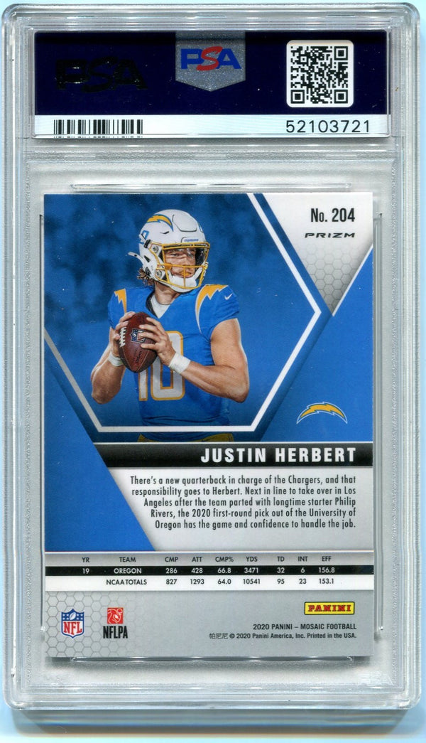 Justin Herbert 2020 Panini Mosaic Reactive Blue #204 PSA Gem MT 10