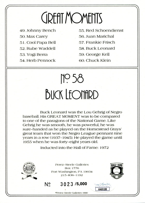 Buck Leonard Autographed Perez Steele Greatest Moments Card (JSA)