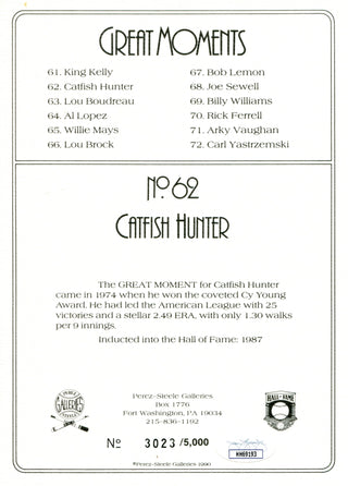 Jim Catfish Hunter Autographed Perez Steele Greatest Moments Card (JSA)