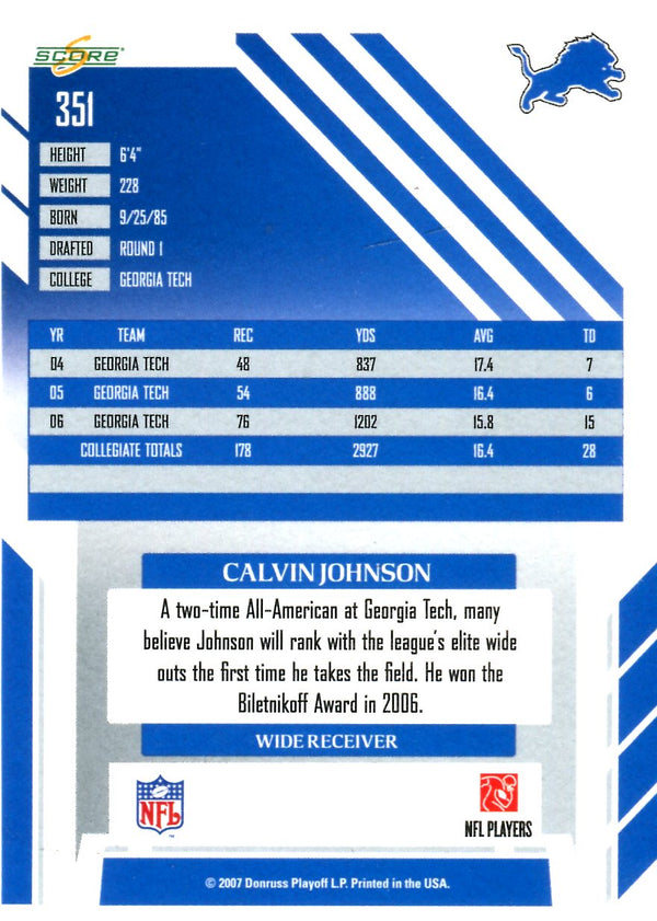 Calvin Johnson 2007 Score Rookie Card #351