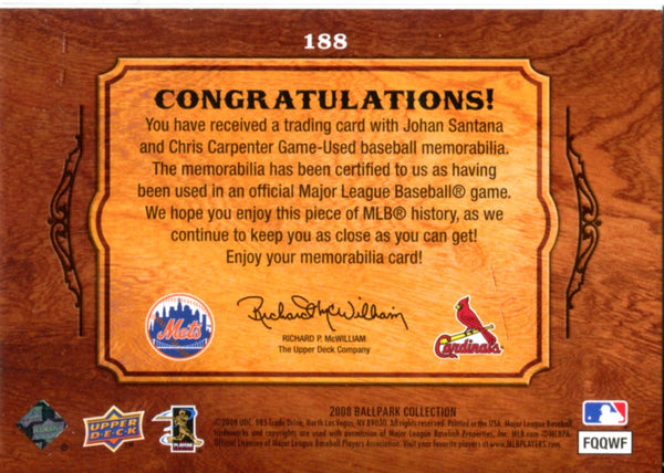 Johan Santana and Chris Carpenter 2008 Upper Deck Game Used Jersey Card